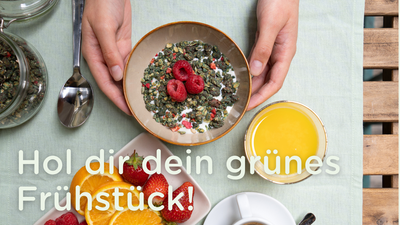 Frühstückstisch mit Knuspermüslischüssel, Orangensaft, Früchteteller und Kaffee