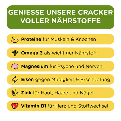Cracker als gesunder Snack voller Nährstoffe wie Omega 3, Eisen, Magnesium & Protein